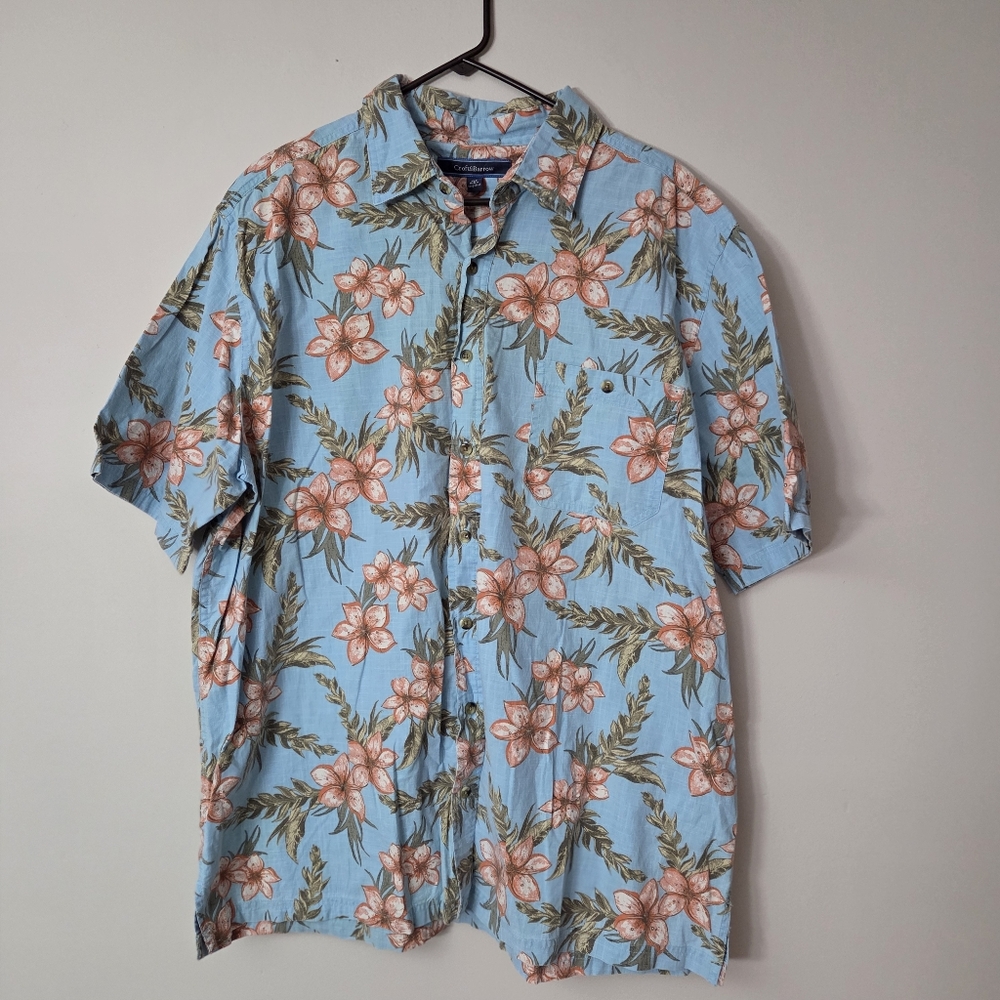 Croft & barrow XLT Tall Sky Blue Hawaiian Floral Cotton Short Sleeve Button Down